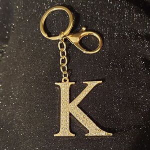 Gold Tone Allover Rhinestone Letter K Initial Bag Purse Charm Keychain N…
